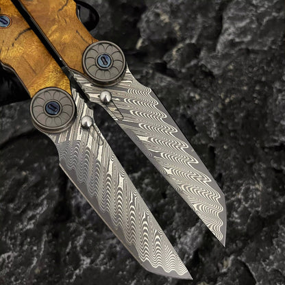 Damascus Folding Knife – SolarFlame EDC with VG10 Steel with Golden Phoebe Handle