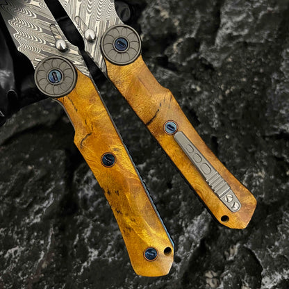 Damascus Folding Knife – SolarFlame EDC with VG10 Steel with Golden Phoebe Handle