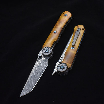 Damascus Folding Knife – SolarFlame EDC with VG10 Steel with Golden Phoebe Handle