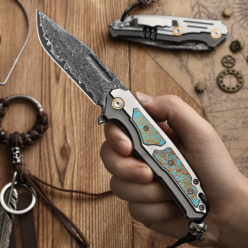 Damascus Folding Knife – Steel VG10 75 Layer Titanium Handle Back Lock Outdoor Collector