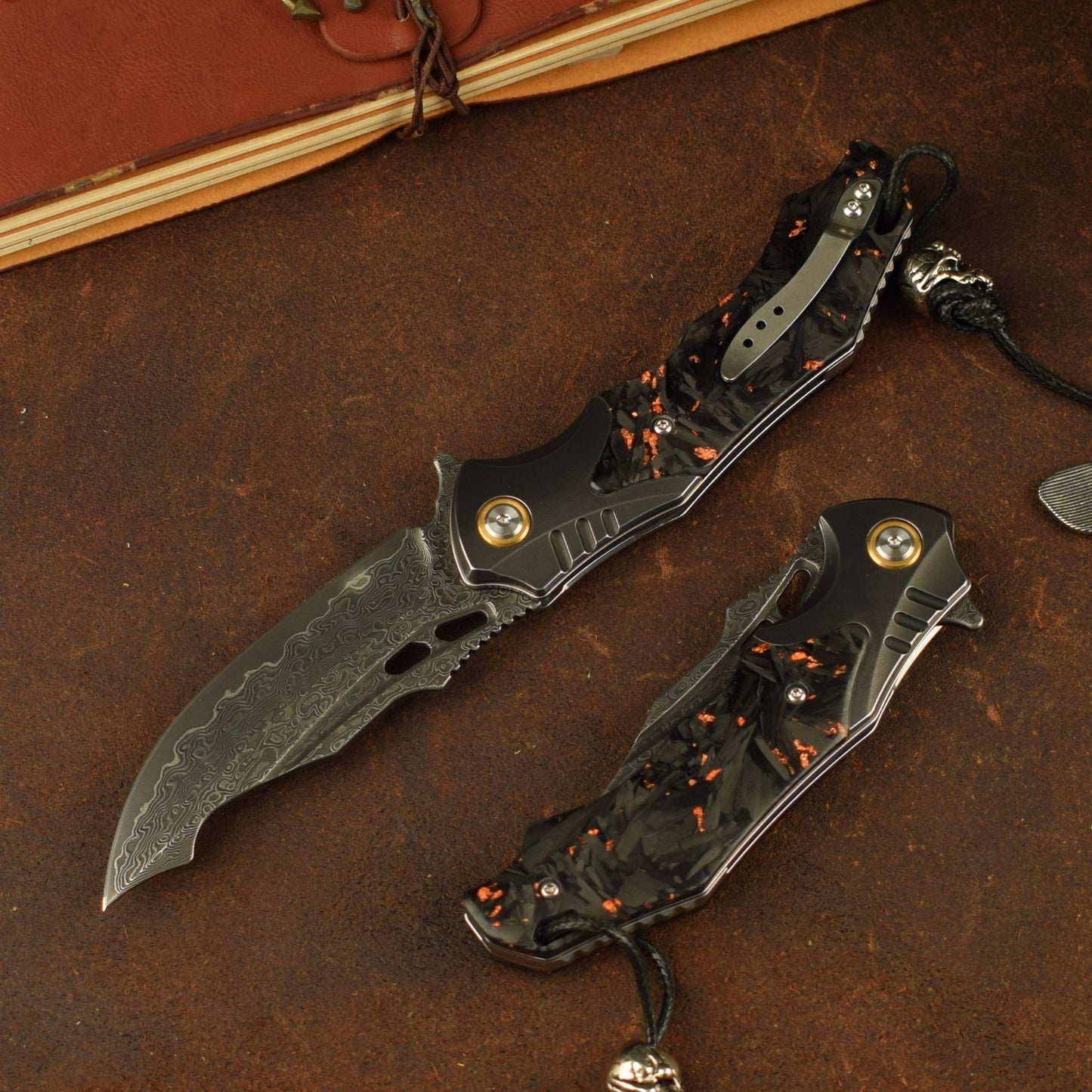 Damascus Folding Knife – VG10 Carbon Fiber Handle Copper Flake Hand Finished EDC Collector