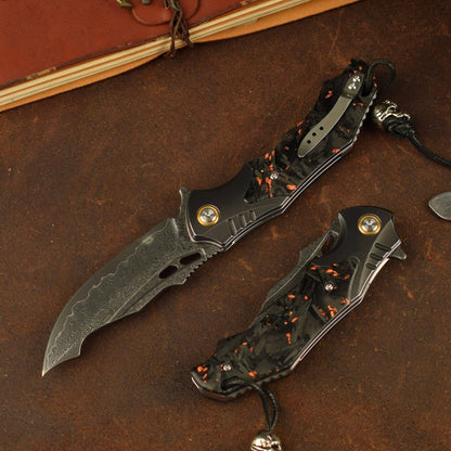 Damascus Folding Knife – VG10 Carbon Fiber Handle Copper Flake Hand Finished EDC Collector