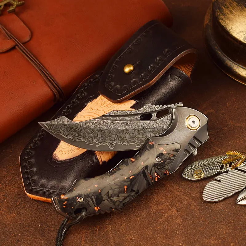 Damascus Folding Knife – VG10 Carbon Fiber Handle Copper Flake Hand Finished EDC Collector