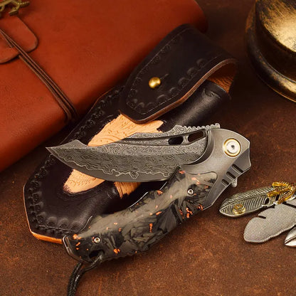 Damascus Folding Knife – VG10 Carbon Fiber Handle Copper Flake Hand Finished EDC Collector