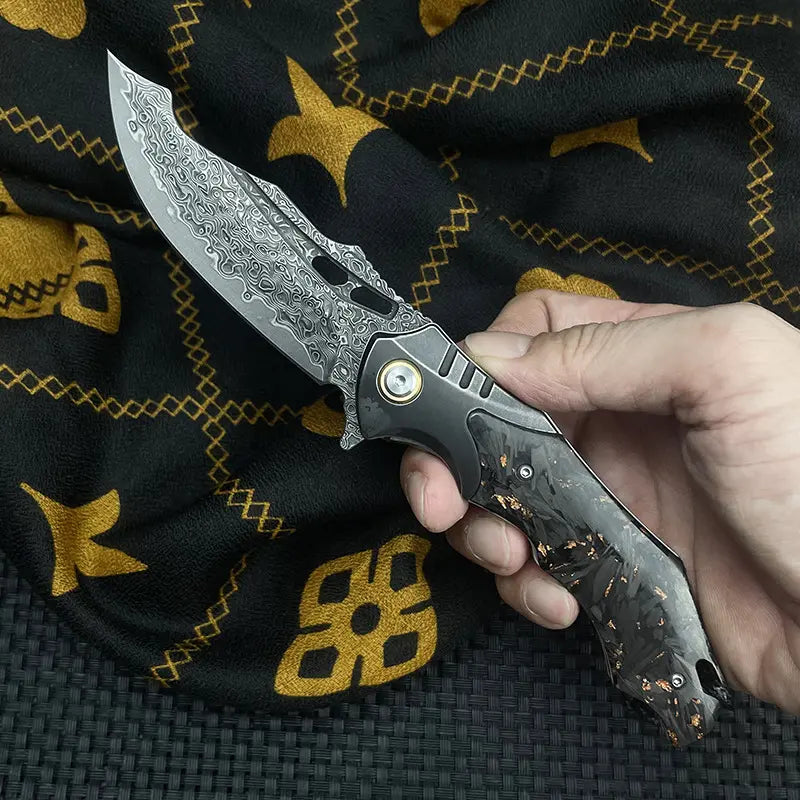 Damascus Folding Knife – VG10 Carbon Fiber Handle Copper Flake Hand Finished EDC Collector