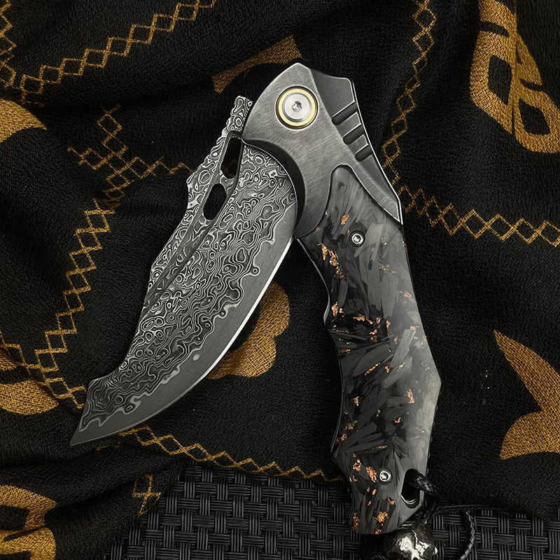 Damascus Folding Knife – VG10 Carbon Fiber Handle Copper Flake Hand Finished EDC Collector