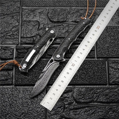 Damascus Folding Knife – VG10 Ebony Handle Artisan EDC Collector Outdoor Pocket