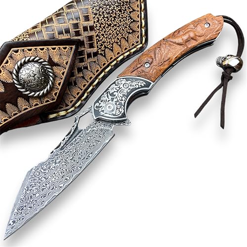 Damascus Folding Knife – VG10 Steel Ironwood Handle Wave Pattern EDC Collector