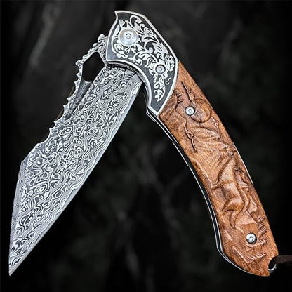Damascus Folding Knife – VG10 Steel Ironwood Handle Wave Pattern EDC Collector