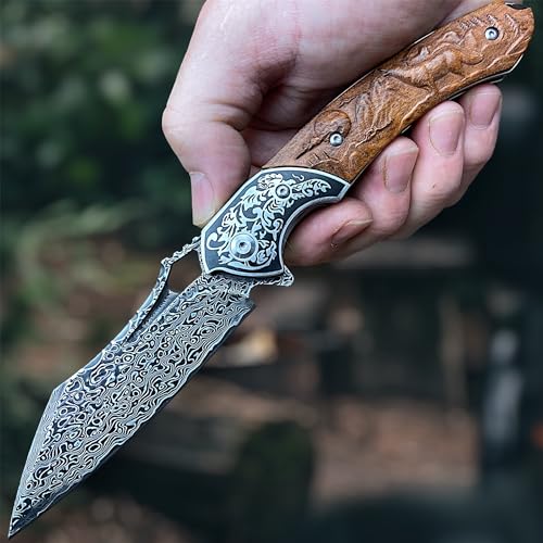 Damascus Folding Knife – VG10 Steel Ironwood Handle Wave Pattern EDC Collector