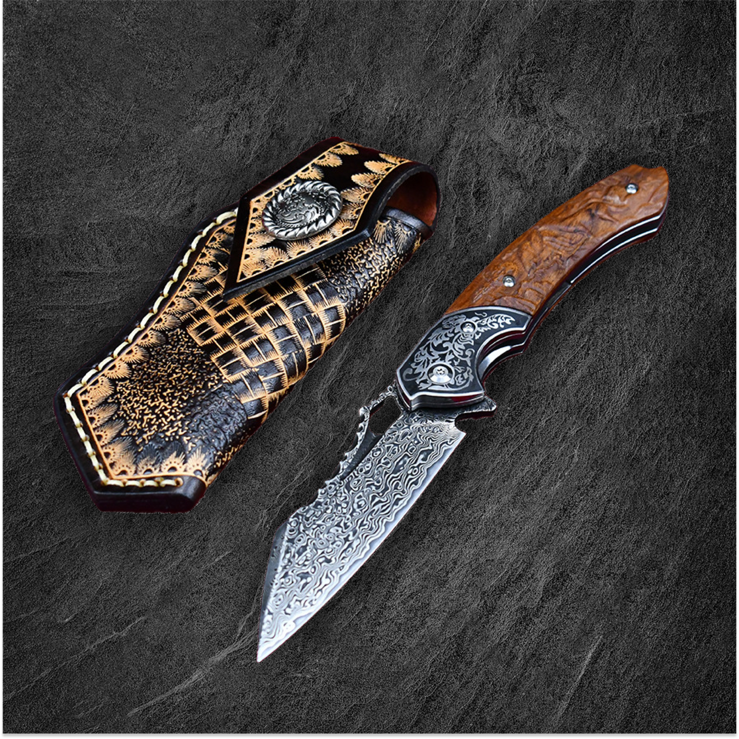 Damascus Folding Knife – VG10 Steel Ironwood Handle Wave Pattern EDC Collector