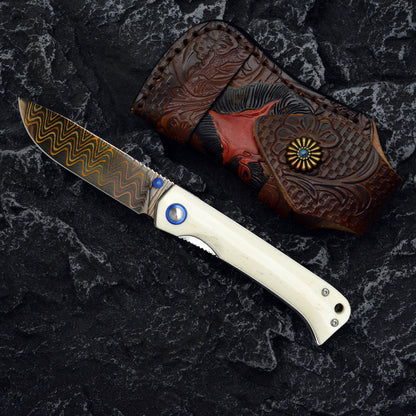 Damascus Folding Knife – Winged Avian with G10 Handle & Zirconium Inlay with 59HRC