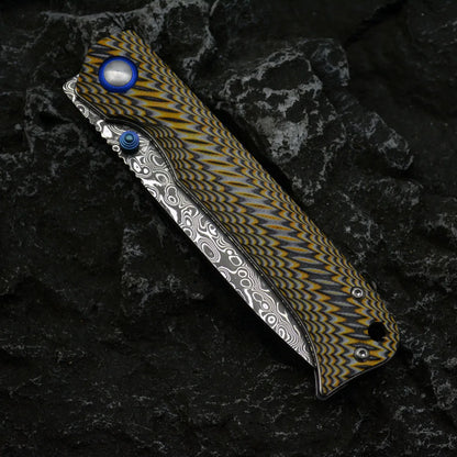 Damascus Folding Knife – Winged Avian with G10 Handle & Zirconium Inlay with 59HRC