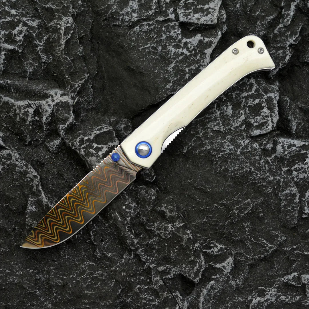 Damascus Folding Knife – Winged Avian with G10 Handle & Zirconium Inlay with 59HRC