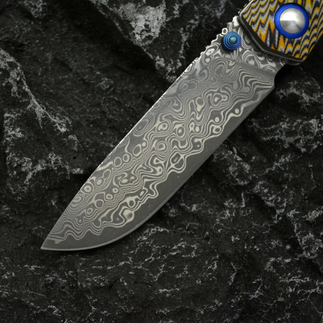 Damascus Folding Knife – Winged Avian with G10 Handle & Zirconium Inlay with 59HRC