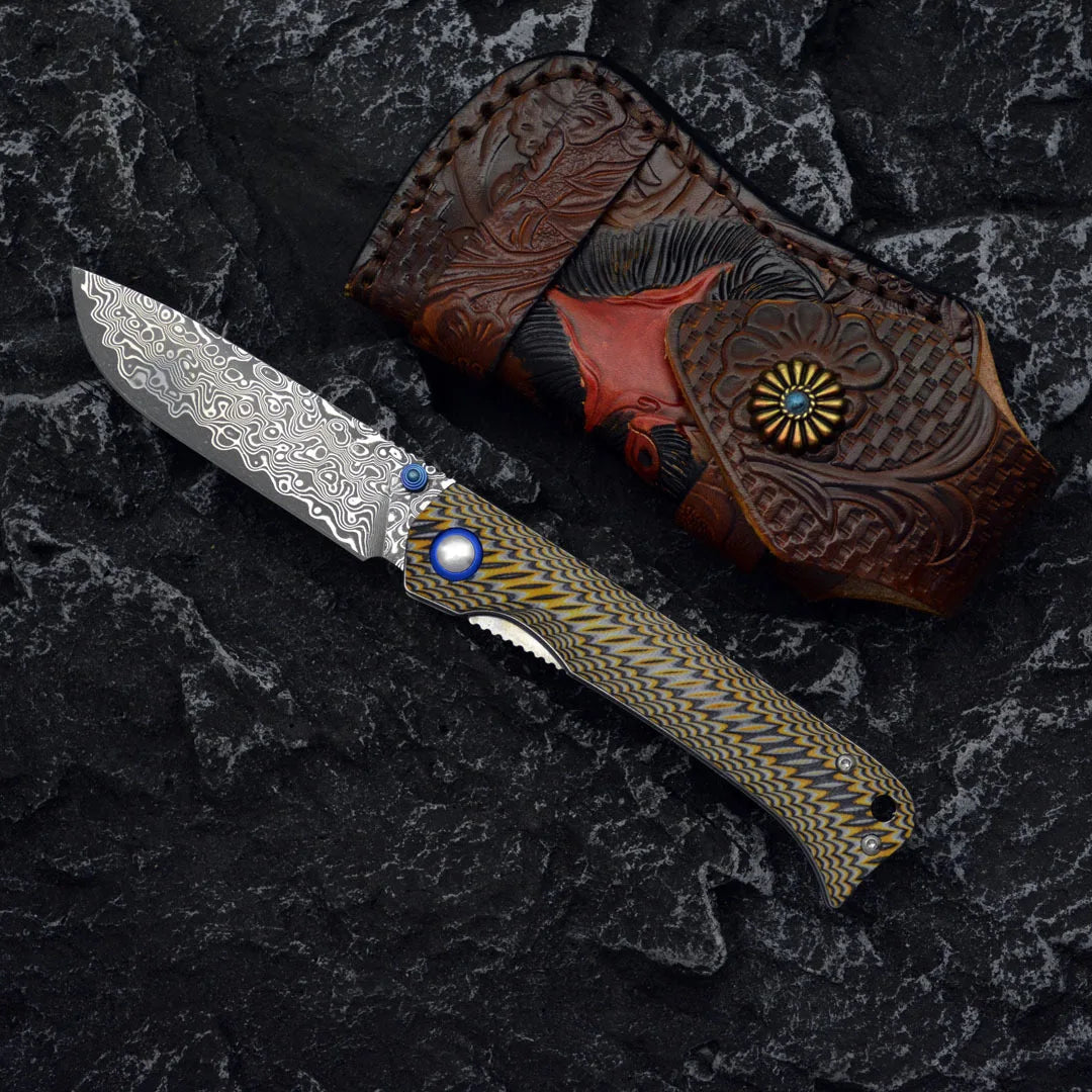 Damascus Folding Knife – Winged Avian with G10 Handle & Zirconium Inlay with 59HRC