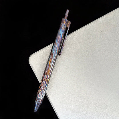 Damascus Tactical Pen – Titanium with CNC Engraved Titanium / Zirconium / Steel Writing