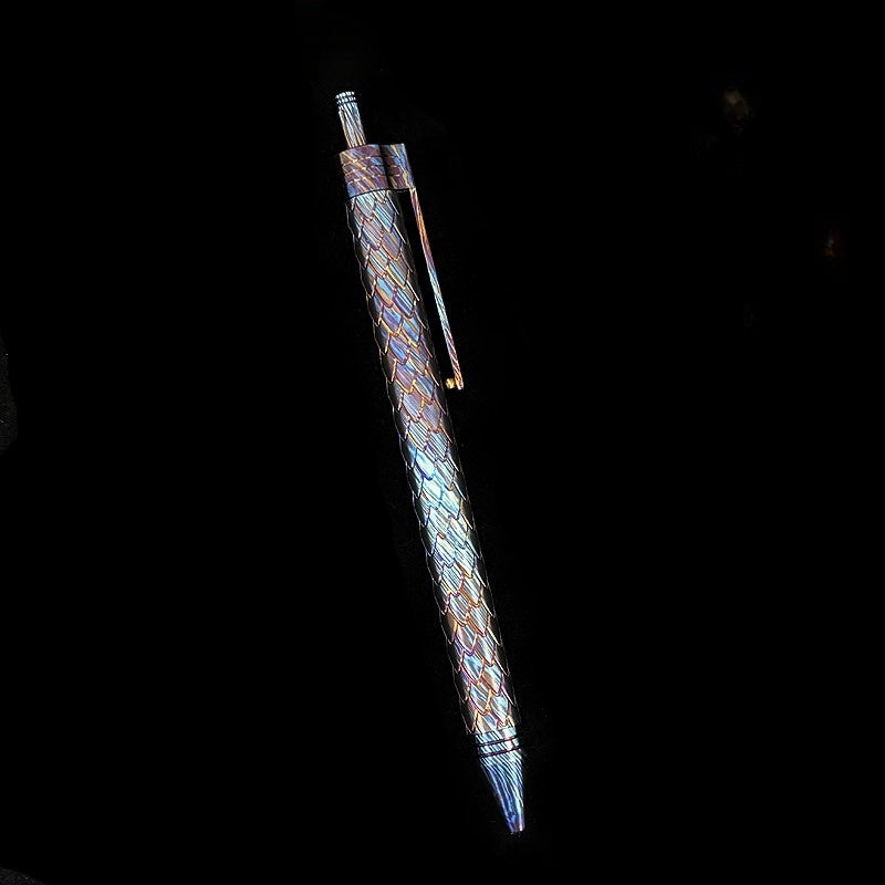 Damascus Tactical Pen – Titanium with CNC Engraved Titanium / Zirconium / Steel Writing