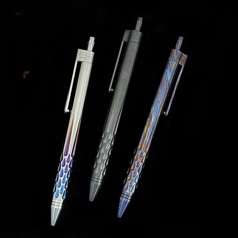 Damascus Tactical Pen – Titanium with CNC Engraved Titanium / Zirconium / Steel Writing