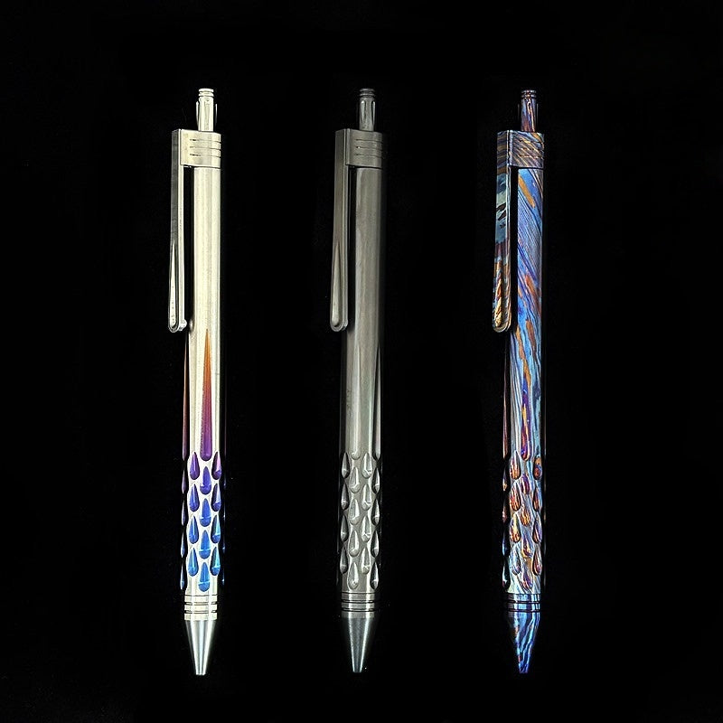 Damascus Tactical Pen – Titanium with CNC Engraved Titanium / Zirconium / Steel Writing
