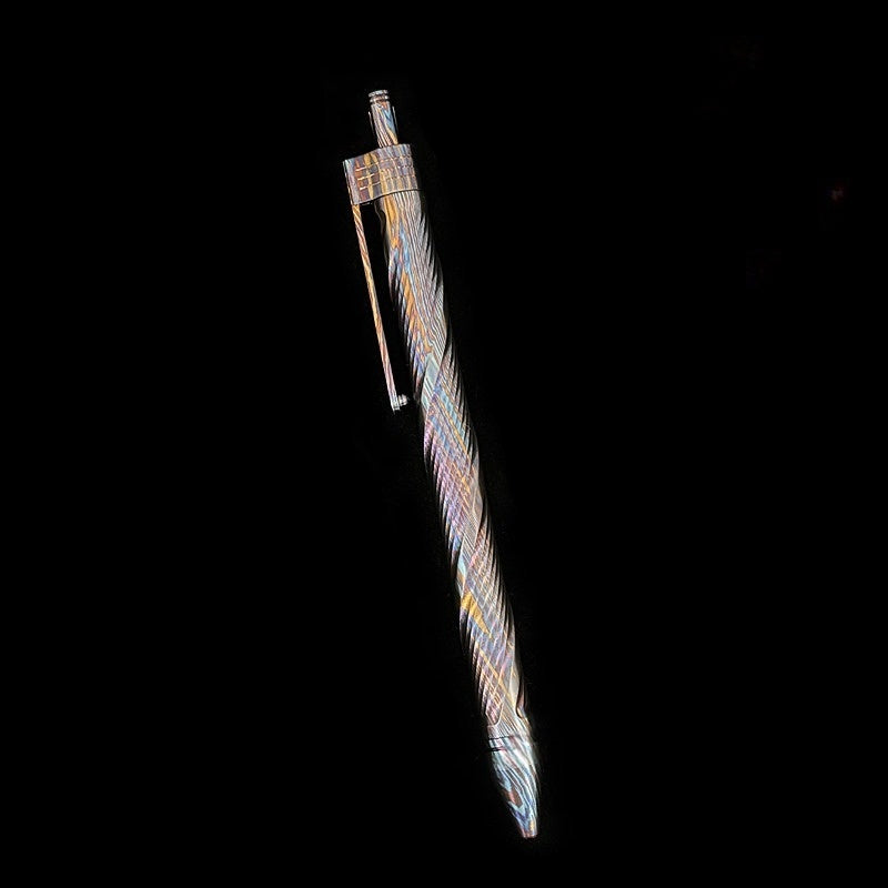 Damascus Tactical Pen – Titanium with CNC Engraved Titanium / Zirconium / Steel Writing