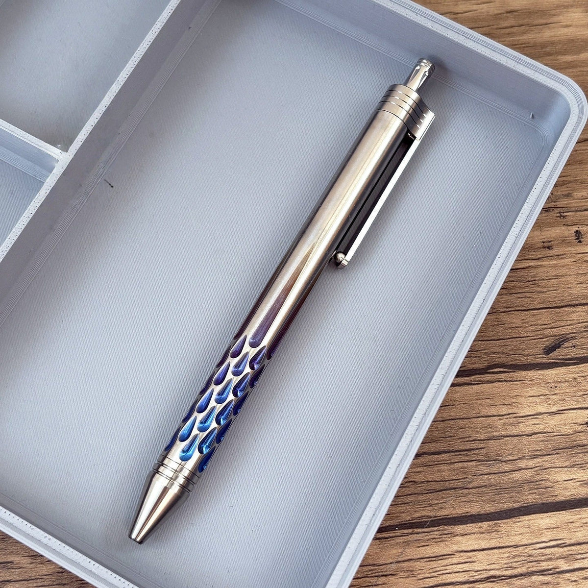 Damascus Tactical Pen – Titanium with CNC Engraved Titanium / Zirconium / Steel Writing