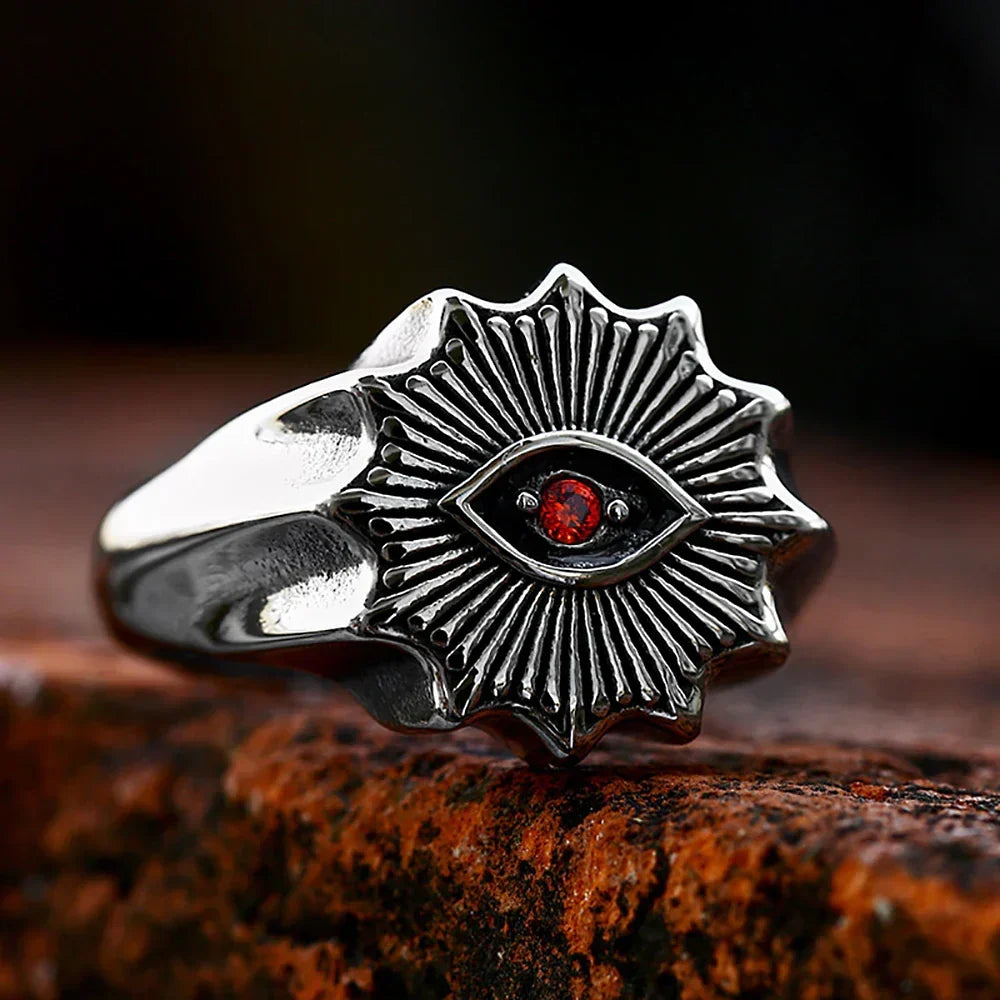 Demon Eye Rune Ring – Crimson Gothic Viking Punk Biker for Alternative Styling