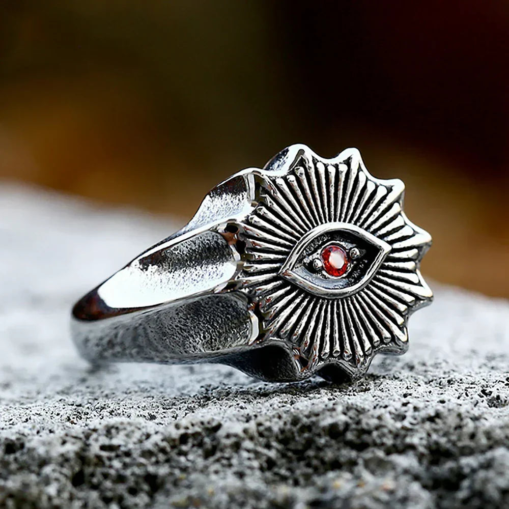 Demon Eye Rune Ring – Crimson Gothic Viking Punk Biker for Alternative Styling