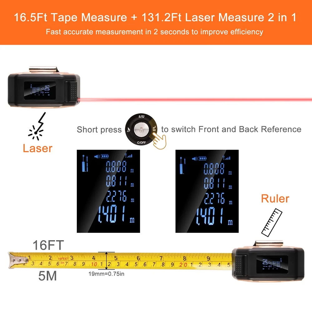 Digital Measuring Tool – Laser Tape Measure 2-in-1 135ft USB Rechargeable Construction DIY