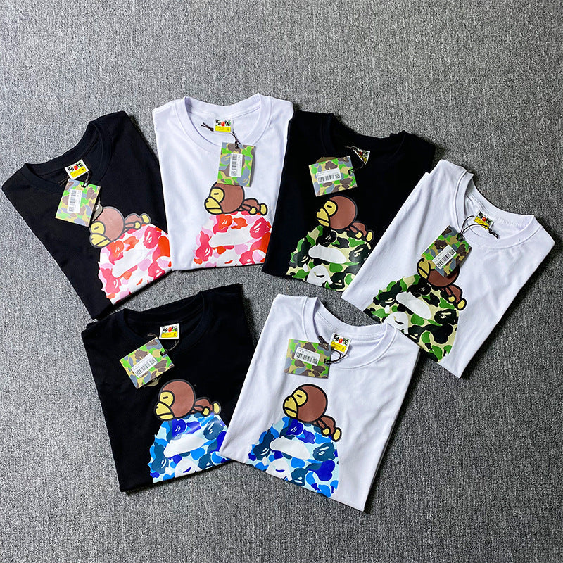 BAPE Short-Sleeved T-shirt Camouflage Monkey Cartoon Printed Cotton