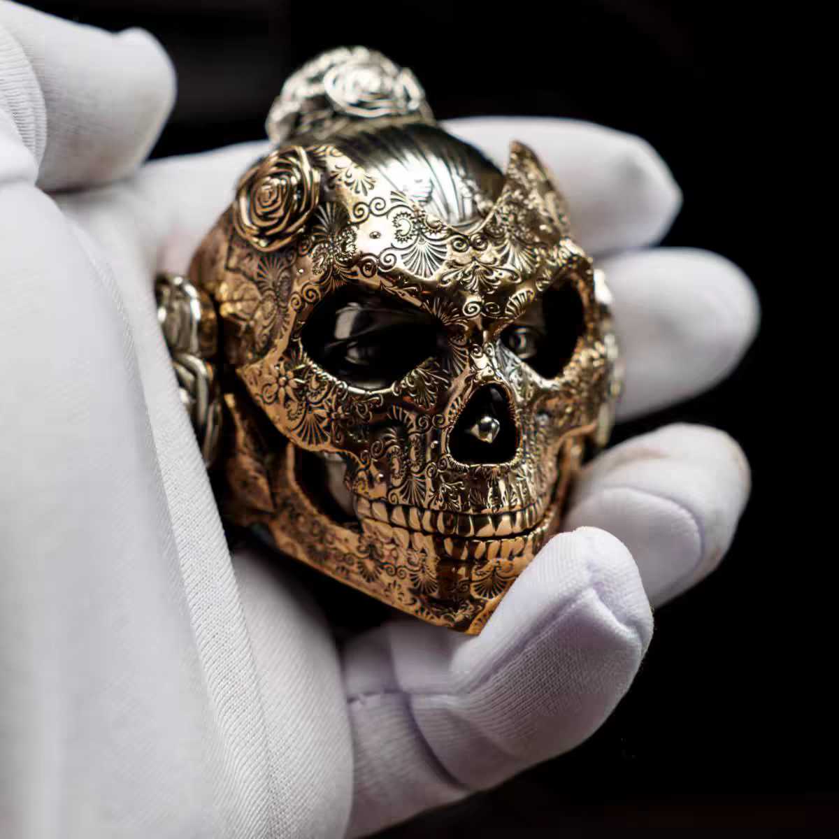 EDC Gadgets – Bronze Mechanical Rose Skull Mask with Interactive Art