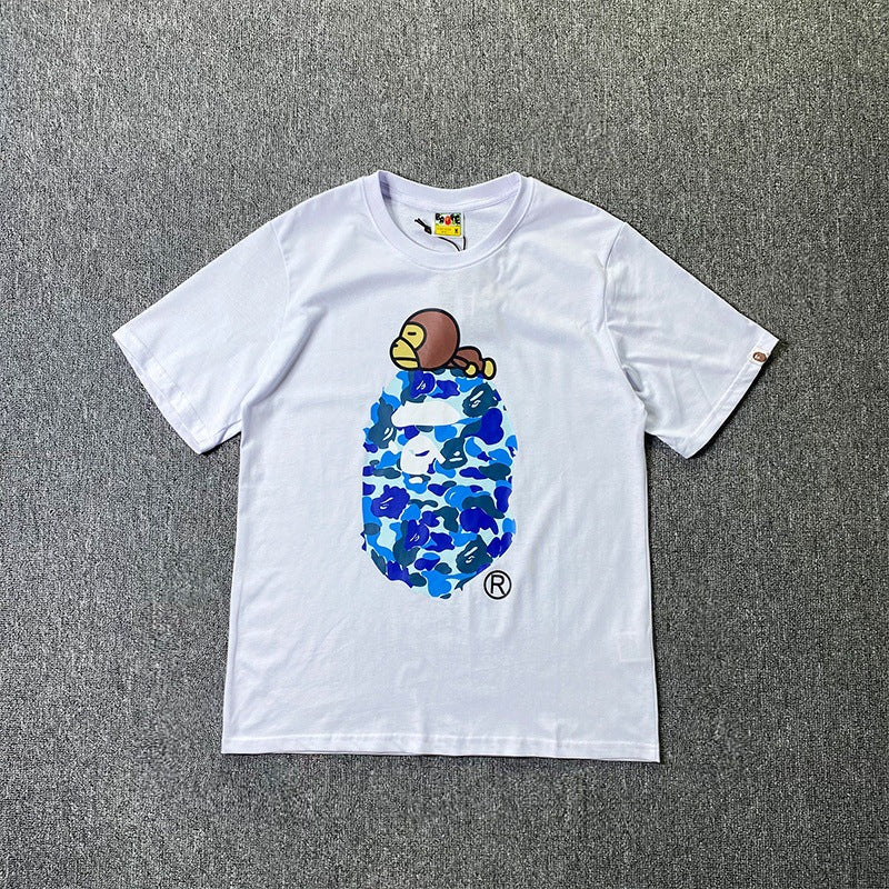 BAPE Short-Sleeved T-shirt Camouflage Monkey Cartoon Printed Cotton