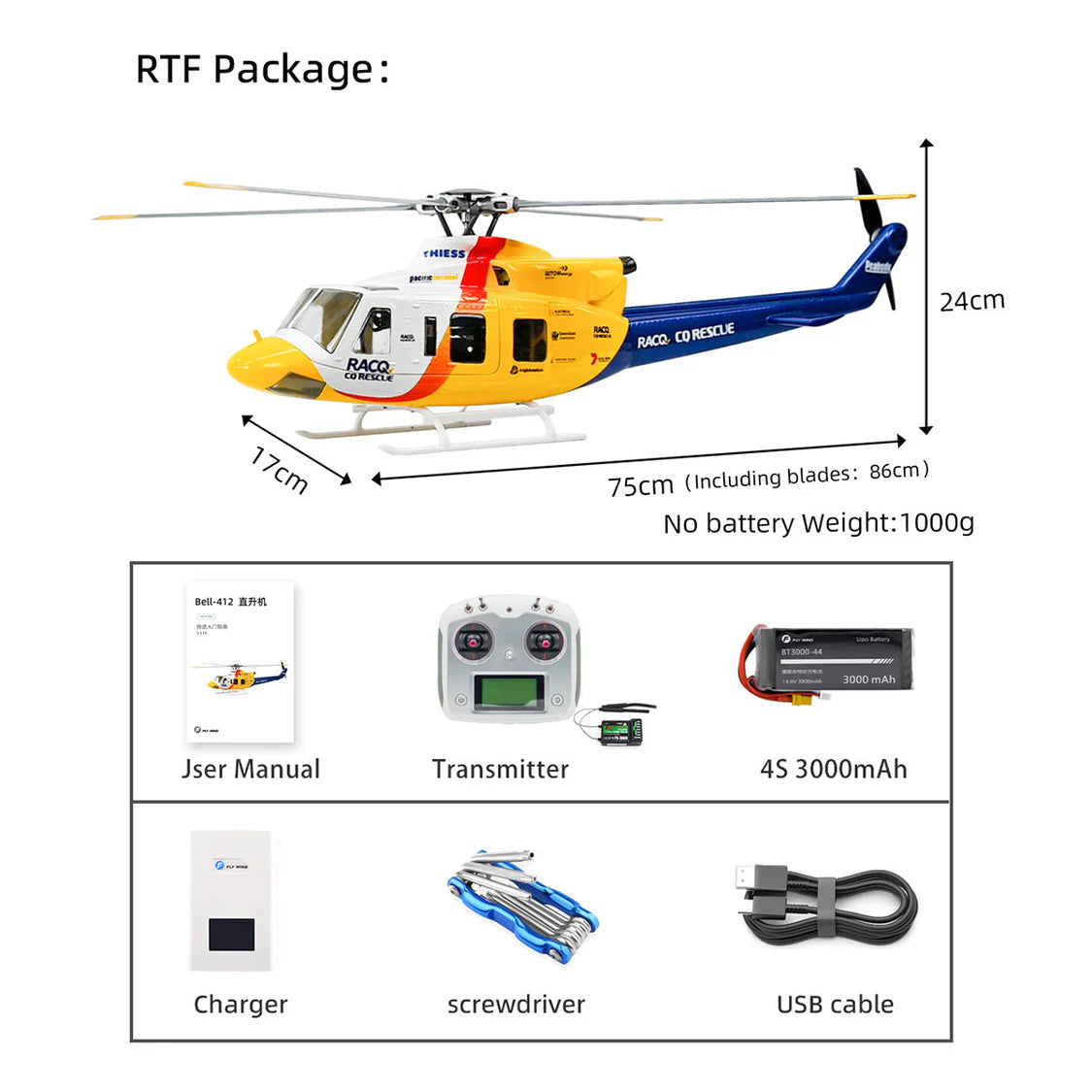 FLYWING Bell 412 470L V4 Military Rescue Scale 6CH Brushless GPS ACE Flight Control System RC Helicopter RTF
