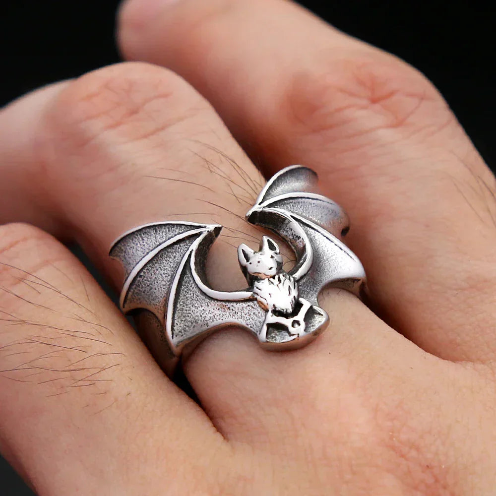 Gothic Bat Ring – Stainless Steel with Punk Biker Wide Band for Alternative Styling