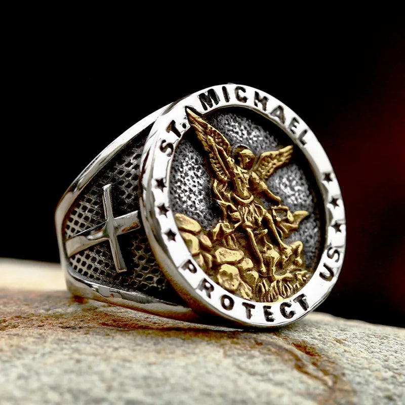 Gothic Cross Ring – Saint Michael with Mystic Guardian Punk Statement