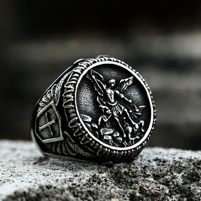 Gothic Cross Ring – Saint Michael with Mystic Guardian Punk Statement