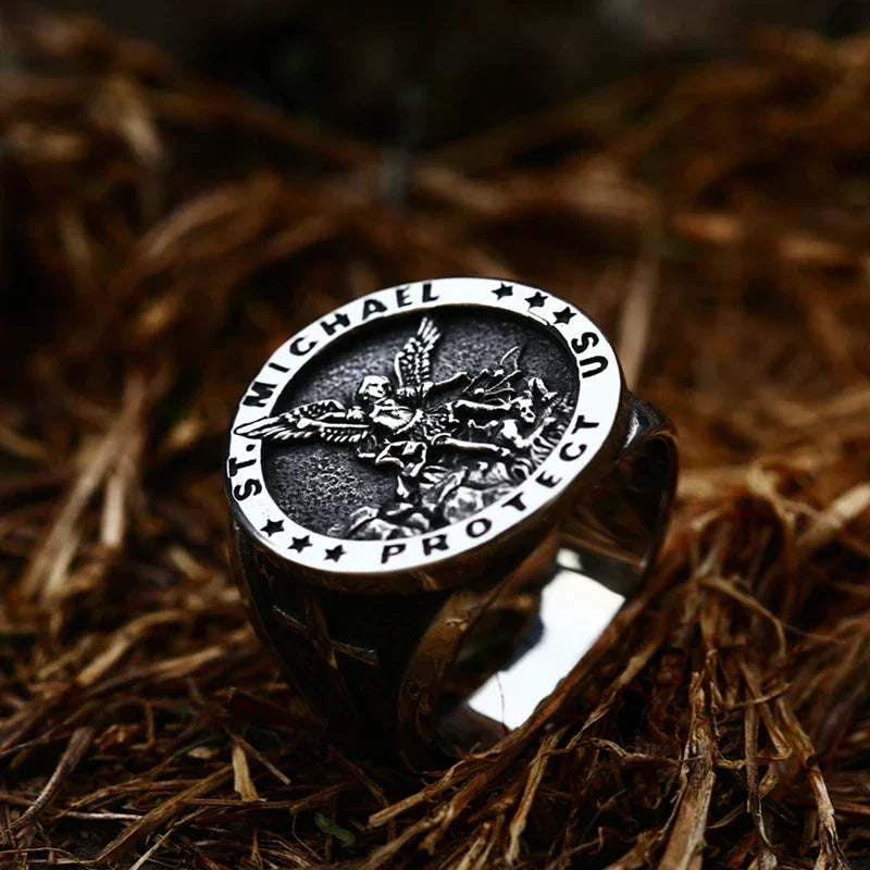Gothic Cross Ring – Saint Michael with Mystic Guardian Punk Statement