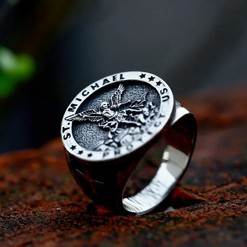 Gothic Cross Ring – Saint Michael with Mystic Guardian Punk Statement