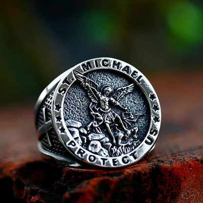 Gothic Cross Ring – Saint Michael with Mystic Guardian Punk Statement