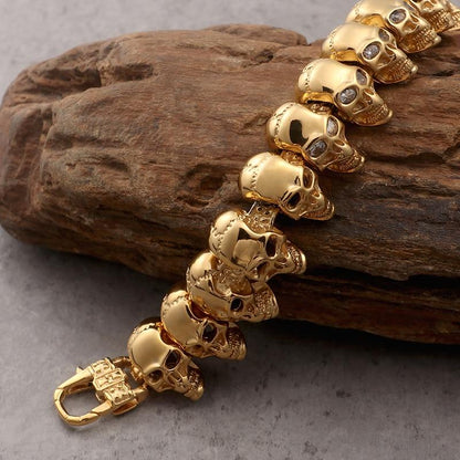 Gothic Skull Bracelet – 18K Gold Rune Punk Zircon Statement for Alternative Styling