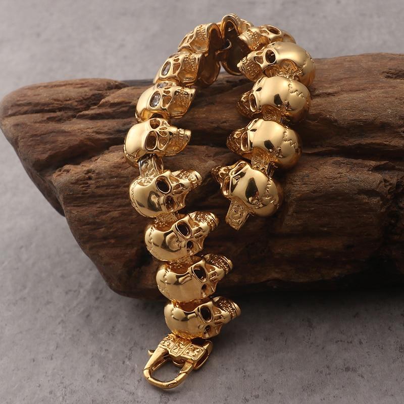 Gothic Skull Bracelet – 18K Gold Rune Punk Zircon Statement for Alternative Styling