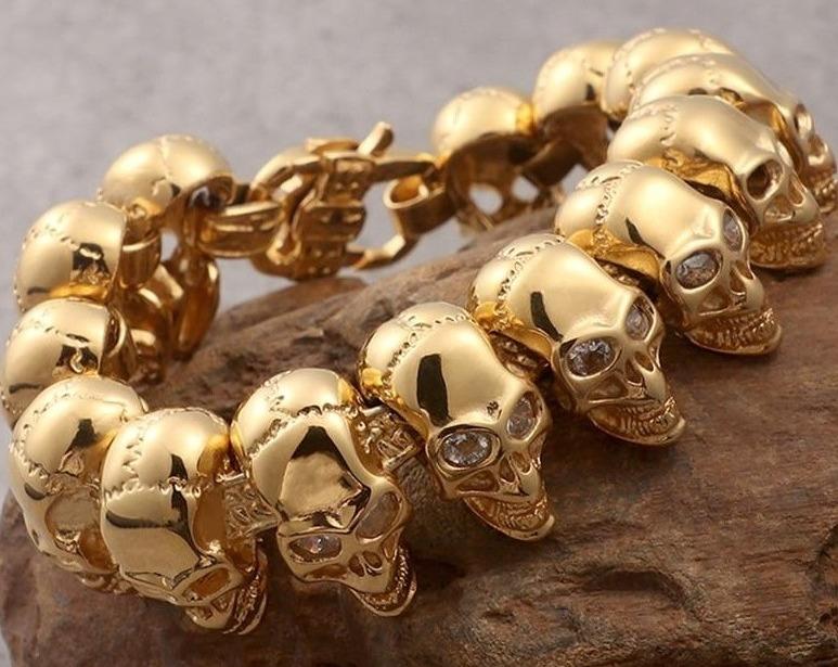 Gothic Skull Bracelet – 18K Gold Rune Punk Zircon Statement for Alternative Styling
