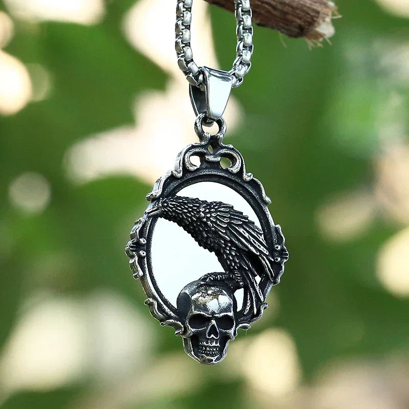 Gothic Skull Necklace – Omen Crow Punk Dark Statement Pendant
