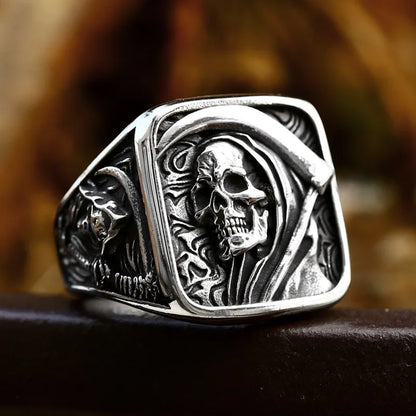 Gothic Skull Ring – Grim Reaper with Eerie Scythe Stainless Steel Punk Biker