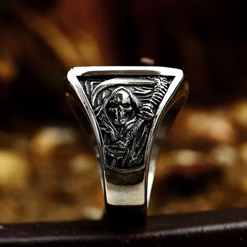 Gothic Skull Ring – Grim Reaper with Eerie Scythe Stainless Steel Punk Biker