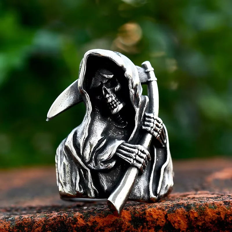 Gothic Skull Ring – Grim Reaper with Eerie Scythe Stainless Steel Punk Biker