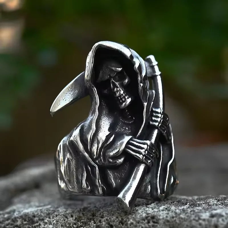 Gothic Skull Ring – Grim Reaper with Eerie Scythe Stainless Steel Punk Biker