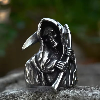 Gothic Skull Ring – Grim Reaper with Eerie Scythe Stainless Steel Punk Biker