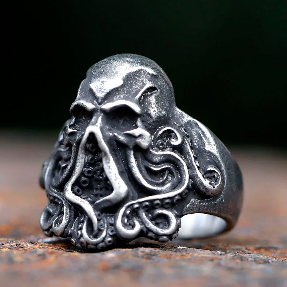 Gothic Skull Ring – Octopus Tentacle Punk Dark Nautical Statement