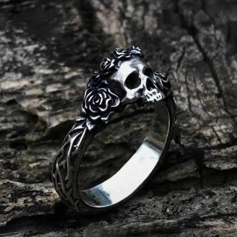 Gothic Skull Ring – Thorned Rose Celtic Punk Biker Statement